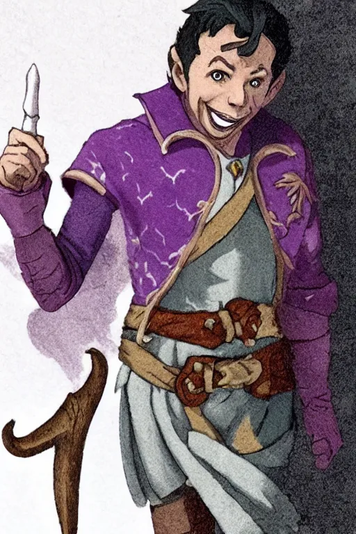 Image similar to Sam Riegel as Scanlan Shorthalt from Vox Machina, Halfling Bard, realistic cinematic shot, flipping you off using a magical glowing purple magic hand, subtle fog and mood lighting