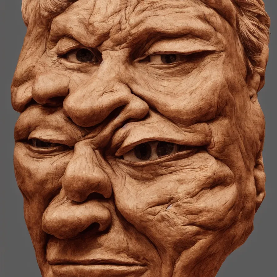 Image similar to realistic monumental sculpture portrait of a powerful stern woman's face carved out of a red oak wood on a pedestal by stephan balkenhol and duane hanson and donald judd, hyperrealistic dramatic colored lighting trending on artstation 8 k