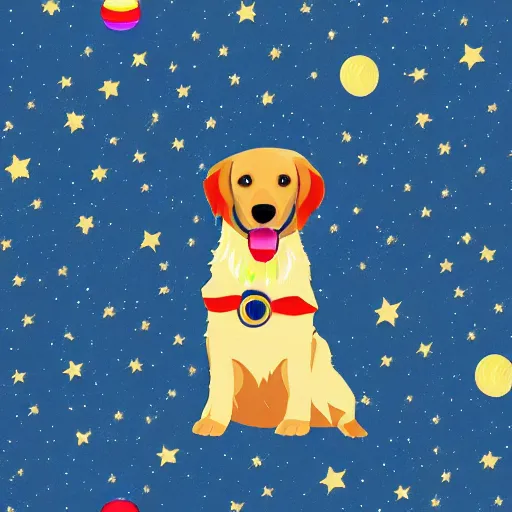 Image similar to a golden retriever in space wearing cape, 4k