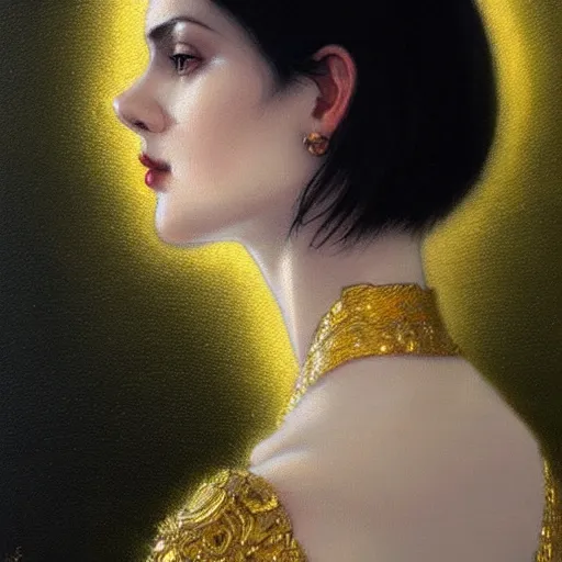 Image similar to Portrait of a beautiful pale skin Eastern European female with short black hair, dark eyes, elegant clothing, photorealistic, highly detailed, artstation, smooth, sharp focus, gold ornaments, neon lighting, sci-fi, art by Klimt, artgerm, Greg Rutkowski and Alphonse Mucha