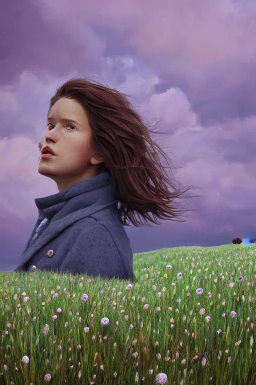 Image similar to portrait, enormous daisy flower head, a girl wearing coat in heather field, surreal photography, wind and cold, dramatic sky, impressionist painting, digital painting, artstation, simon stalenhag