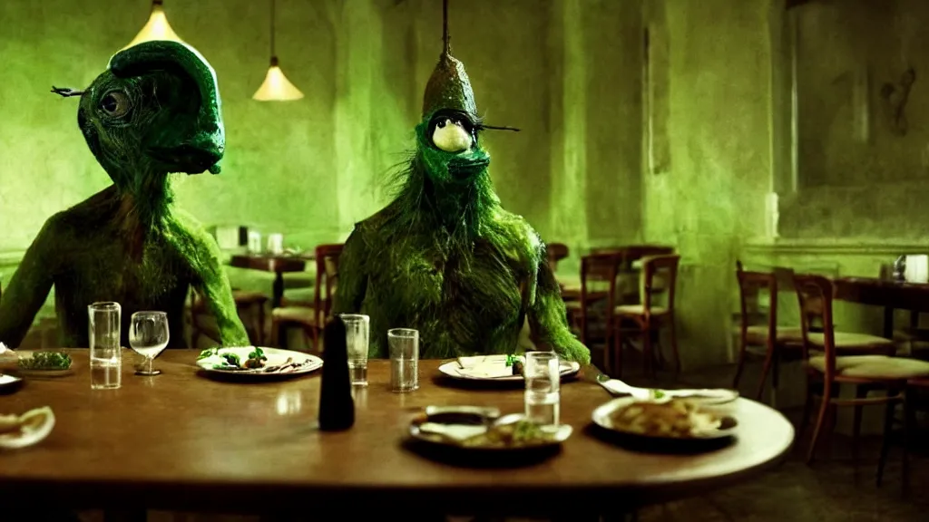 Image similar to the strange creature in the restaurant likes to eat, made of Chlorophyll and oil, film still from the movie directed by Denis Villeneuve with art direction by Salvador Dalí