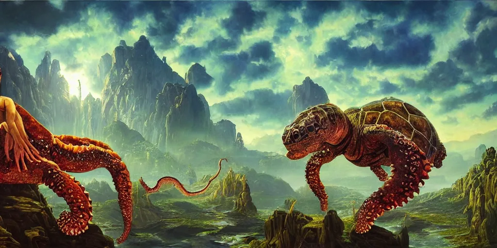 Image similar to fantasy oil painting, great leviathan, cybernetic turtle cephalopod terrapin reptilian pachyderm squid, bella hadid, hybrid, milla jovovich, anubis, epic natural light, lush plants flowers, spectacular mountains, bright clouds, luminous sky, outer worlds, golden hour, michael cheval, edward hopper, michael whelan, vray, hd