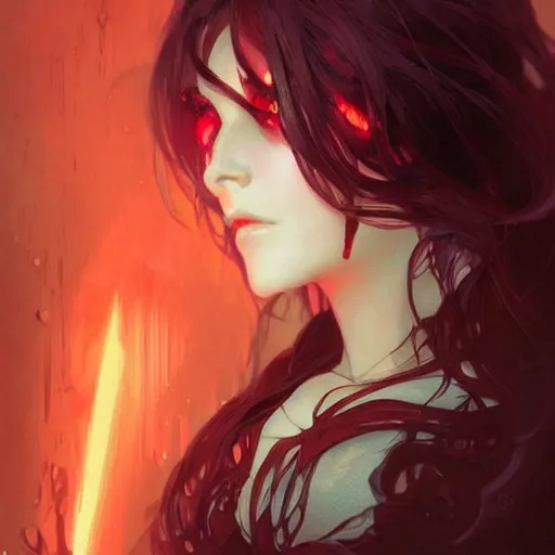 Image similar to digital character concept art by artgerm and greg rutkowski and alphonse mucha. clear portrait of vampire girl, blood dripping, light effect. hyper detailed, glowing lights!! intricate, elegant, digital painting, artstation, smooth, sharp focus