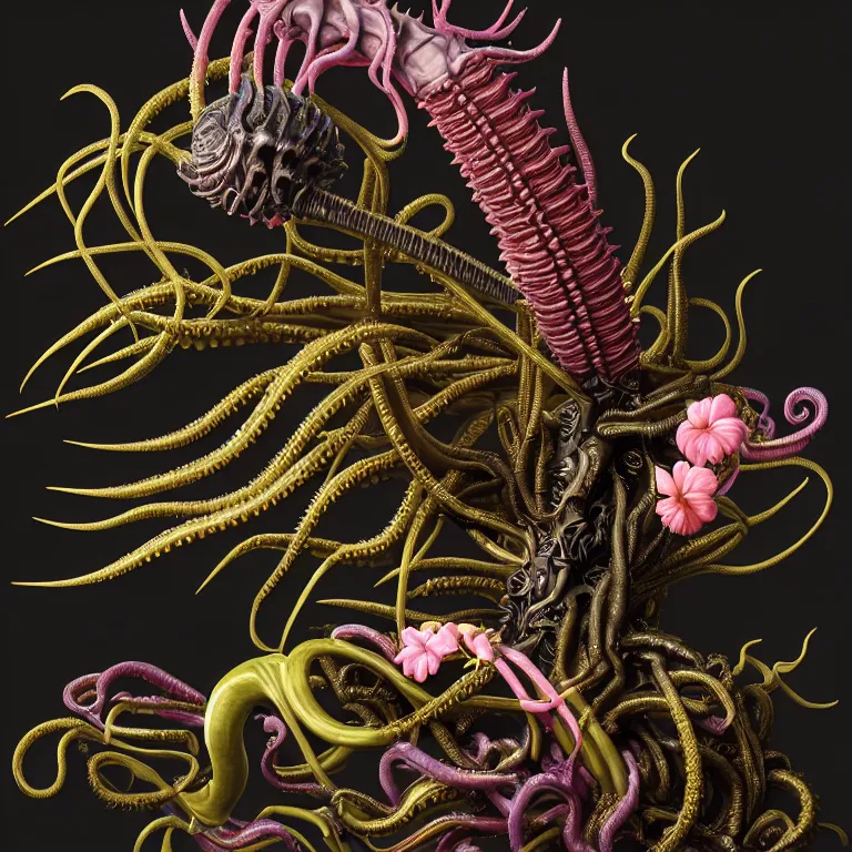 Image similar to still life of black xenomorph, beautiful pastel color tropical flowers, glossy metallic human spine, spiky tentacles, tropical fruit, human body parts, colorful mold, baroque painting, beautiful detailed intricate insanely detailed octane render, 8K artistic photography, photorealistic, perfect composition, golden ratio, chiaroscuro, Raphael, Caravaggio