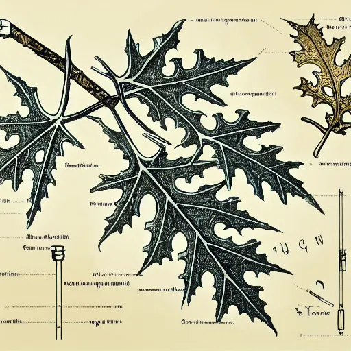 Image similar to a full page schematic diagram illustration of a hybrid between oak leaf and wine leaf, ultra detailed, 4 k, intricate, encyclopedia illustration, fine inking lines