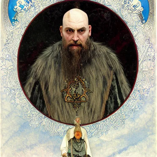 Image similar to portrait of bald, middle-aged Slavic Viking priest wearing thick fur collar and vestments, and standing tall in the blizzard, with fading blue woad tattoos on forehead, head, and cheeks, portrait by Anato Finnstark, Alphonse Mucha, and Greg Rutkowski