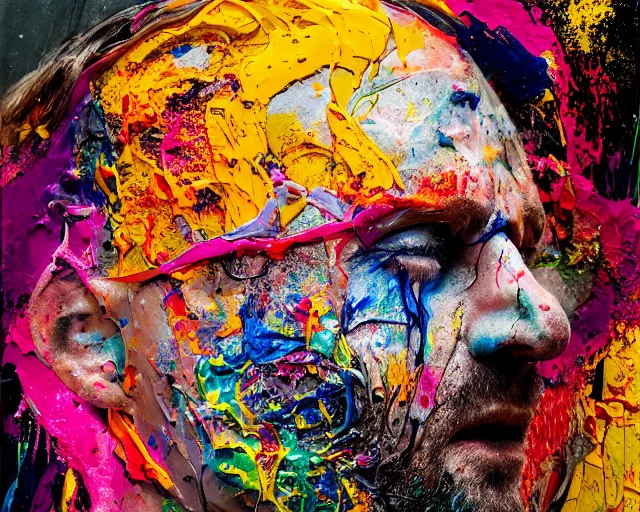 Prompt: abstract expressionist portrait of a head made of very thick impasto paint and acrylic pour and coloured powder explosion and splashing paint and dripping paint and flying paint chunks, eyes closed or not visible, expressing strong emotions, art by antony micallef, motion blur, hyperrealistic, intricate art photography, anatomically correct, realistic crisp textures, 1 6 k