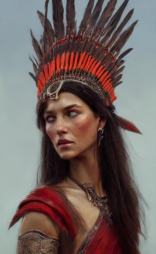 Image similar to gorgeous redskin woman wearing headdress, intricate, elegant, highly detailed, artstation, concept art, smooth, sharp focus, illustration, art by stefan kostic and greg rutkowski