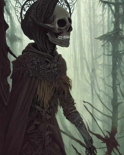 Image similar to Portrait of a skeleton mage wearing hood, dark fantasy, deep forest on background, mid-shot, intricate, elegant, highly detailed, digital painting, artstation, concept art, smooth, sharp focus, illustration, art by Sam Youn and Fernanda Suarez and Artem Demura and alphonse mucha