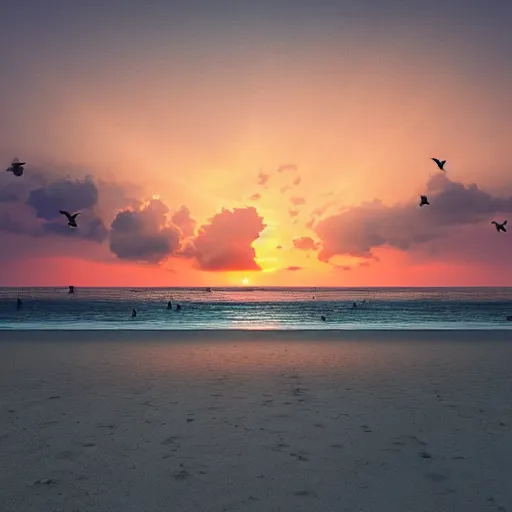 Prompt: beautiful sunset at the beach with birds and clouds, surreal, intricate details, octane render, hype realistic