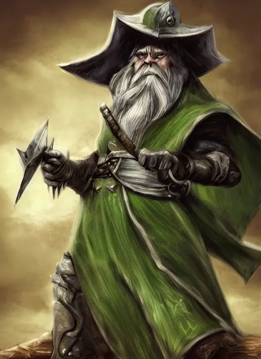 Image similar to ratfolk with a gray beard, tricorne hat, green cape, digital art, fantasy, d & d, warhammer, realistic, detailed