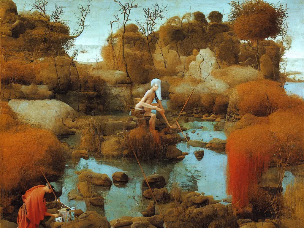 Prompt: Portrait of a painter washing his brush in a river. Humanoid rocks, coral-like pebbles, autumn light. Painting by Jan van Eyck, Roger Dean, Beksinski, Piero della Francesca