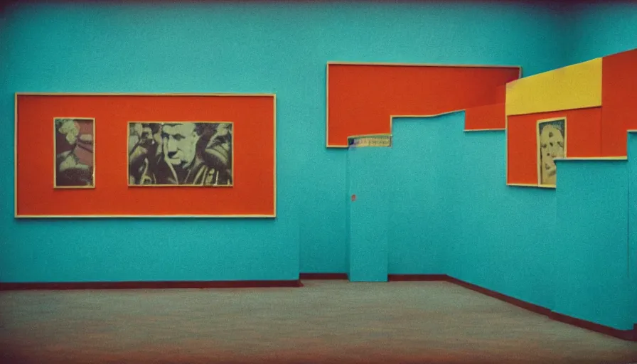 Prompt: 60s movie still of a sovietic stalinist style empty art museum with a soviet congress with yellow wall, LOMOGRAPHY LOMOCHROME TURQUOISE XR 100-400 (35MM), liminal Space style, heavy grain