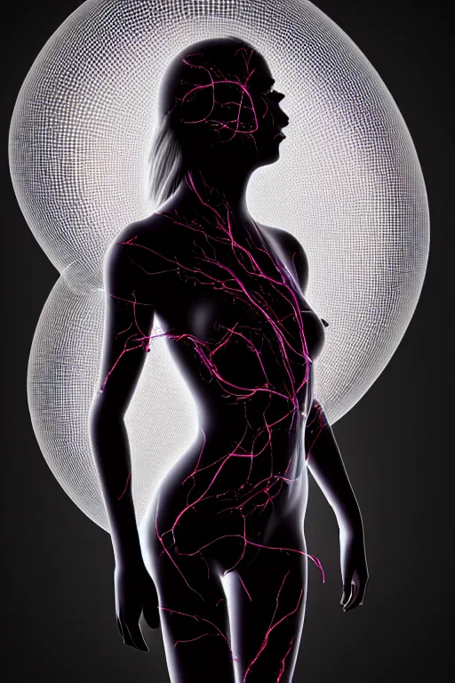 Image similar to a mesh female form composed of dark neurons and veins, see - through, subsurface illumination, cinematic, octane rander, photograph, 3 d, detail, character concept, portrait, dramatic volumetric lighting,
