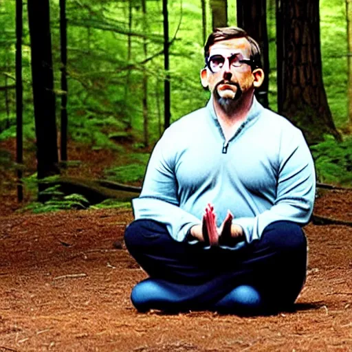 Image similar to chubby Steve Carell meditate in the Forest