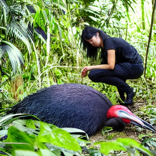 Prompt: angry middle aged lady standing over a dead cassowary in the jungle, greek ethnicity, thin face structure, uncombed straight grey black hair, photo, realistic, outdoor lighting, 4 k, 8 k, hd, 3 9 mm lens