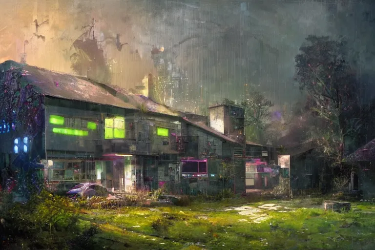 Image similar to cyberpunk, an estate agent listing photo, external view of a 5 bedroom detached countryside house in the UK, by Paul Lehr