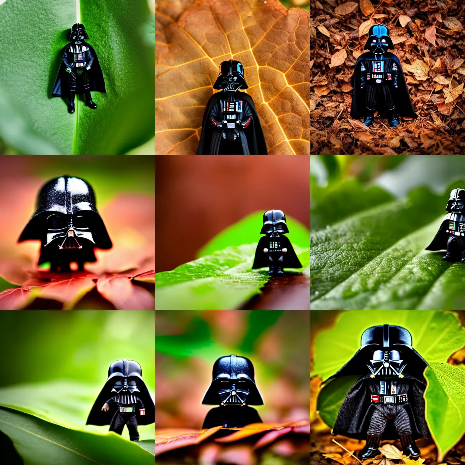 Prompt: tiny darth vader hiding under a leaf, macro photography