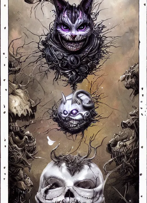 Image similar to Cheshire Cat Death Tarot card,highly detailed,half skull face,cinematic,8k,by Stanley Artgermm,Tom Bagshaw,Greg Rutkowski,Carne Griffiths, Ayami Kojima, Beksinski, Giger,trending on DeviantArt,hyper detailed,horror, full of colour