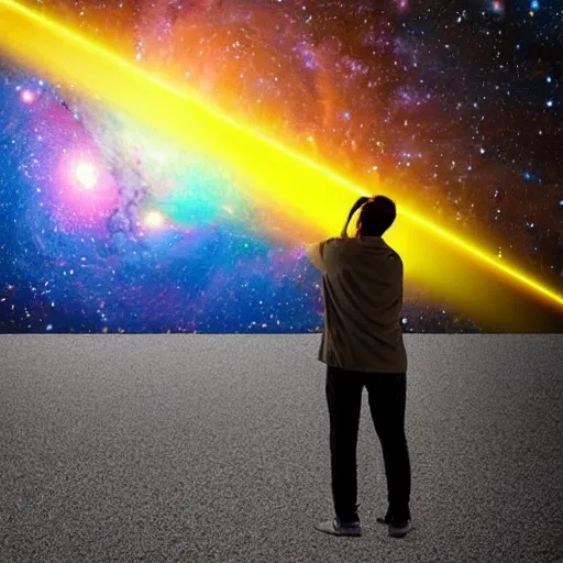 Prompt: man standing next to the brightest object in the universe