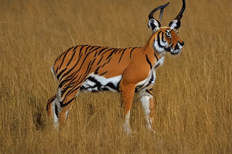 Image similar to antelope eating a tiger, golden hour, 6 0 0 mm, wildlife photo, national geographics