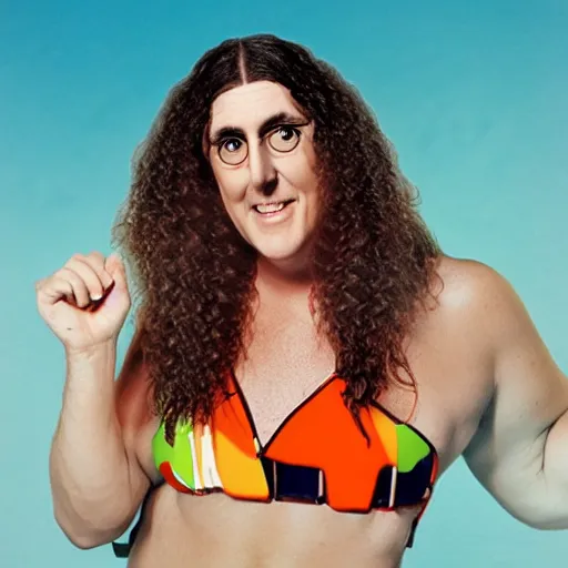 Prompt: weird al in a bikini,