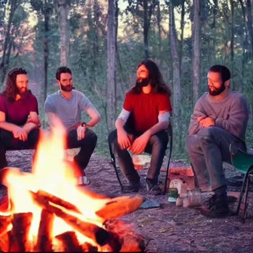 Prompt: jesus talking with 6 people around a campfire, realistic