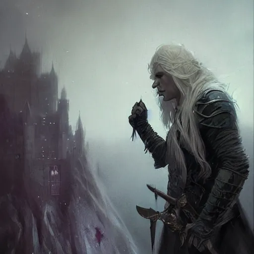Image similar to portrait of drizzt do'urden, drow, dungeons and dragons character, castle background, gorgeous view, realistic, high detail, digital art, painted by greg rutkowski, painted by jeremy mann, trending on artstation