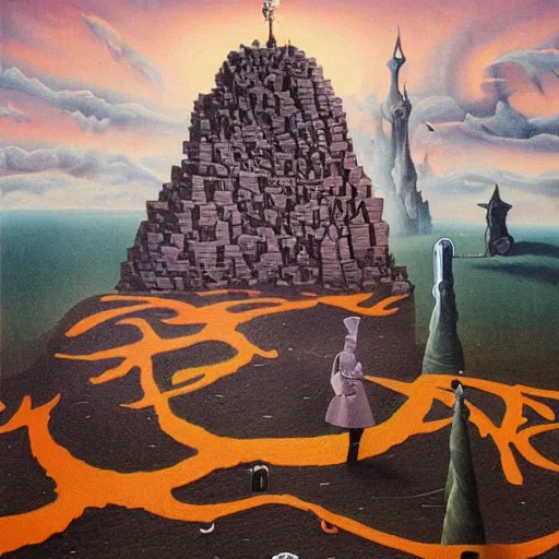 Image similar to the weird Wizard and his quest to topple the wicked tower, surrealist landscape painting