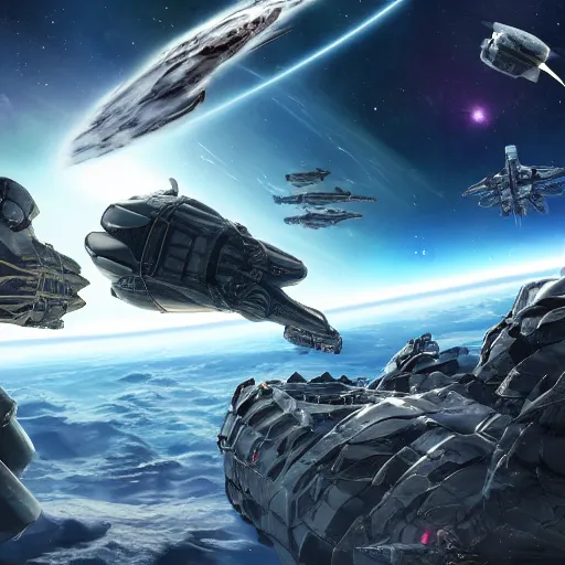 Image similar to epic scene of space battle with spaceship explouding warriors all over the scene, panoramic, realistic 4 k