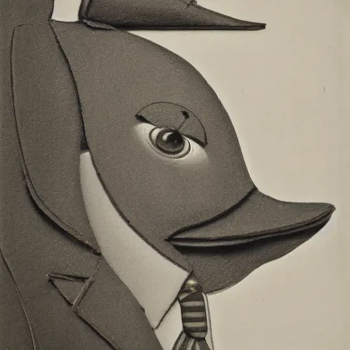 Image similar to a high detail photo of an antropomorphic duck wearing a suit, subject= duck, subject detail: wearing a suit, photorealism