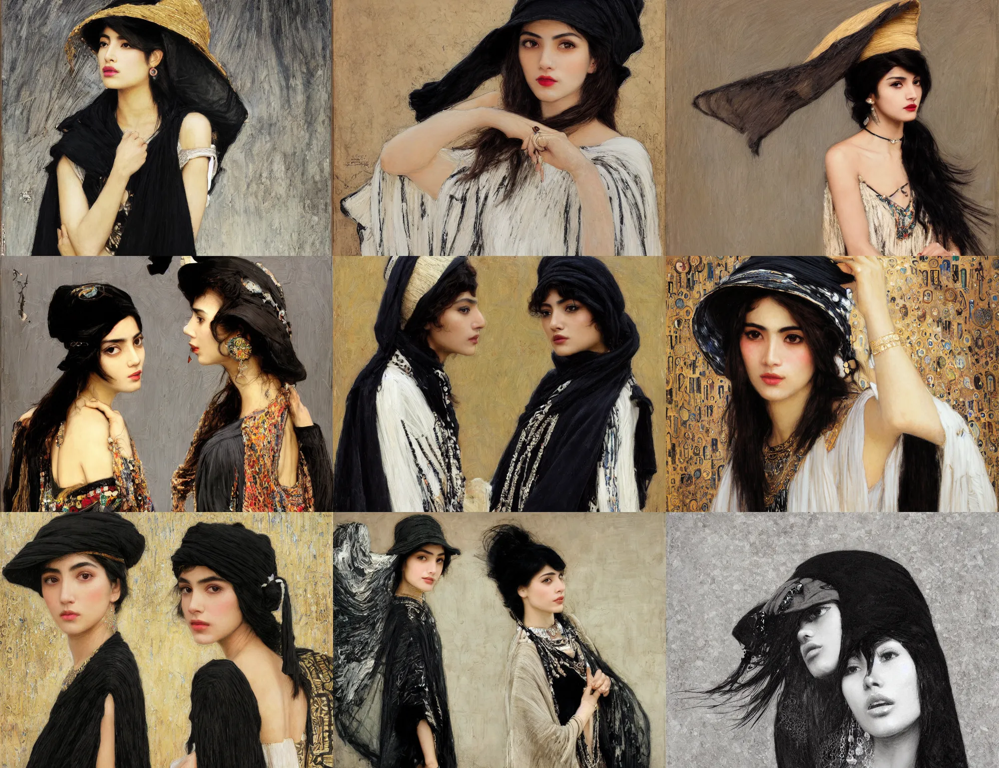 Prompt: profile portrait of single fashionable young iranian asian girl wearing rich jewerly hat and black and white boho poncho standing on extremely strong wind in elegant decollete, dark make up, artistic dramatic cinematic studio light, artwork by john william waterhouse and Denis Sarazhin and klimt and rhads and Dean Ellis and Detmold Charles Maurice