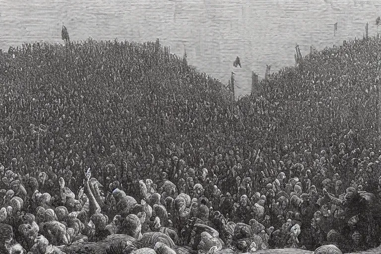 Image similar to aerial view, crowd of people looking up, Gustave Dore lithography