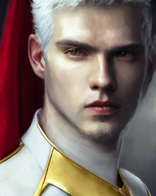 Prompt: a young adult masculine man with thin face lines and white hair, wearing a golden dark armor with a scarlet cape, great lighting low - key award winning movie lighting, grandiose portrait, epic, noble, elegant, ethereal, magalie villeneuve, greg rutkowski, jeremy mann and claude monet, intricate, deep focus, renaissance digital painting, 4 k