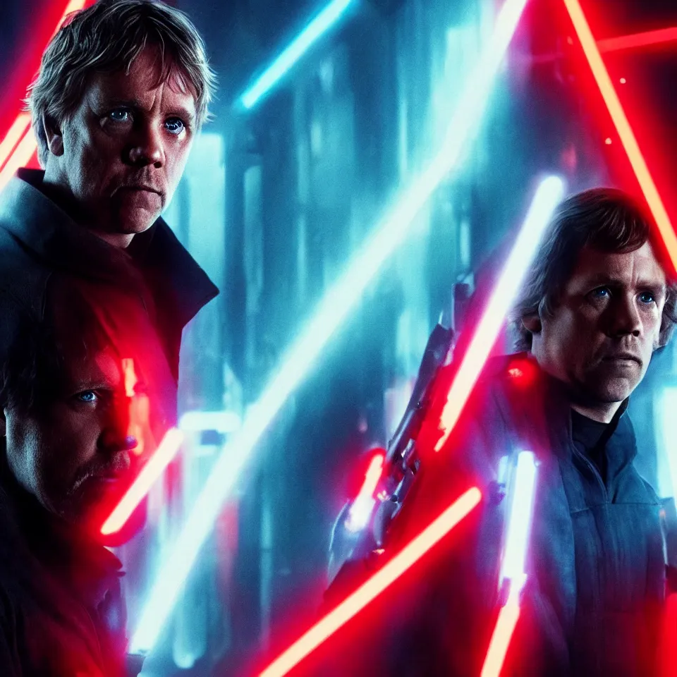 Prompt: Harrowing Luke Skywalker wearing cyberpunk gadgets in the style of Blade Runner 2049 (2017). Cinematic. Professional Photo. UHD. 8k. Clear Face.