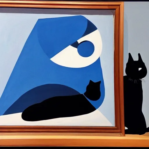 Image similar to in an art gallery, there is a huge painting of carmen herrera blue with white line. a black cat is looking at the painting. cgsociety, surrealism, dystopian art, purple color scheme