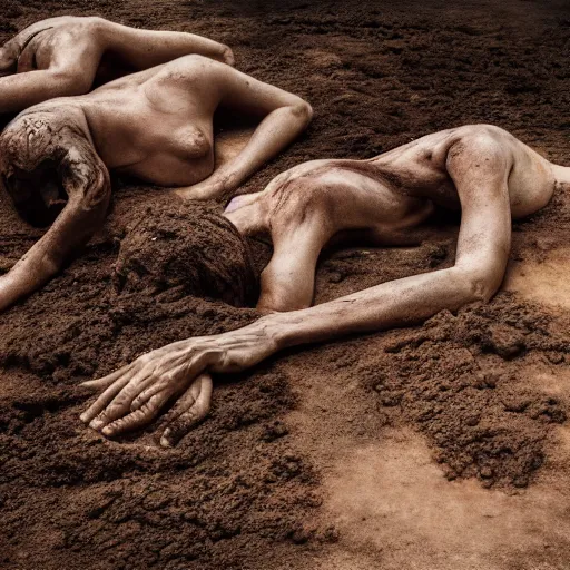 Image similar to bodies on the ground, slowly absorbed by the dirt, digital art, award winning, horror, uhd, 8 k,