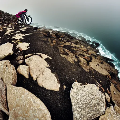 Prompt: a scene from a fever dream, Bicycling on a rocky path, Rider's POV, point of view, GoPro camera, entering the scary murky ocean, Fog. Ultrarealistic 25mm f/1.7 ASPH Lens