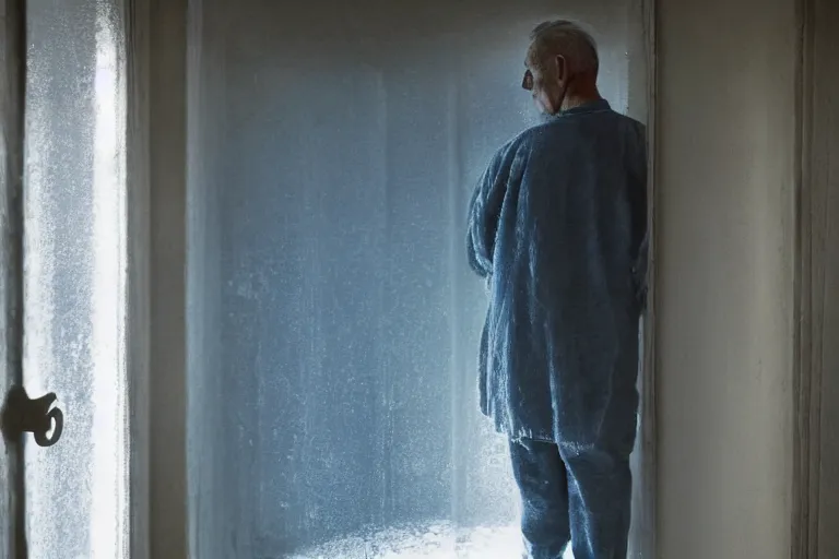 Prompt: a cinematic painting of an old male prisoner inside of jail cell looking out of a small frosted window, beautiful lighting, high depth, ultra realistic, artistic, by annie leibovitz, by gregory crewdson, blue color theme