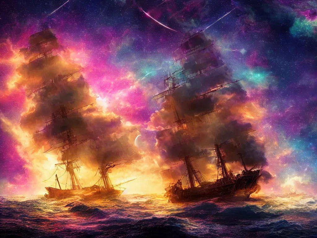 Prompt: photograph of a pirate ship traveling through sea of colorful stars, breathtaking stars, thunderstorm, interstellar, concept art, NASA, 4K, Detailed, HDR