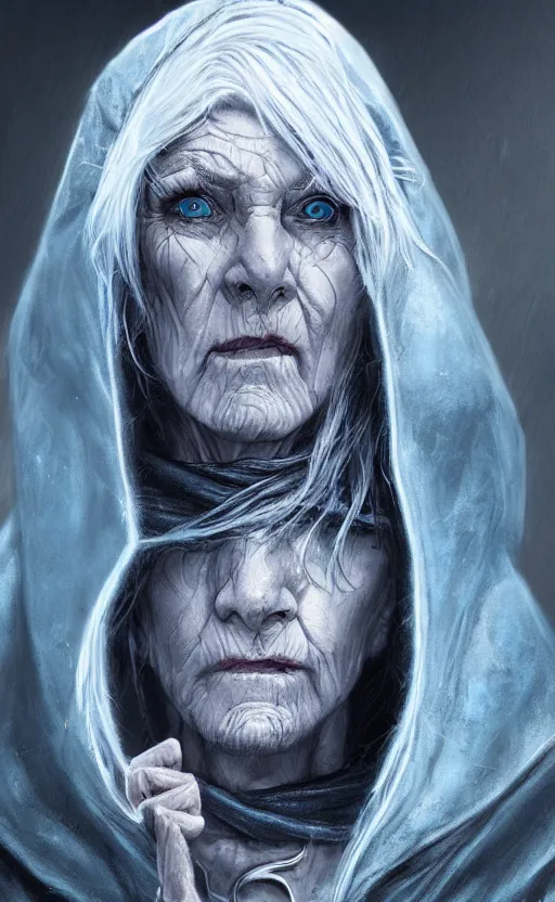 Image similar to an older woman with silver hair and piercing blue eyes. she's wearing a dark, hooded cloak and looks like she knows her way around a sword, dynamic lighting, photorealistic fantasy concept art, trending on art station, stunning visuals, creative, cinematic, ultra detailed