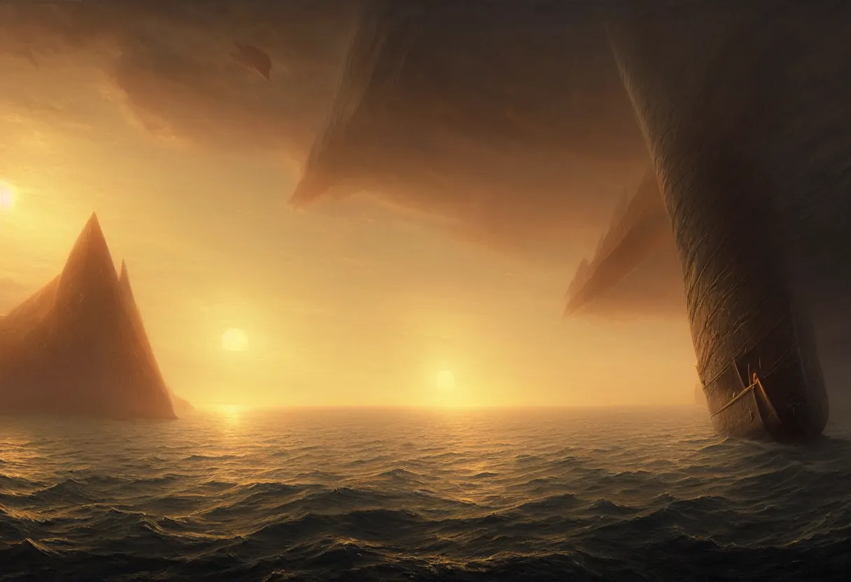 Image similar to strange sea surface of autumn planet at sunset, sailing ship on horizon, ultra high definition, ultra detailed, symmetry, fog, matte painting, by greg rutkowski and ross tran and wlop