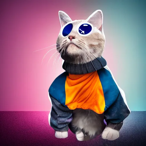 Prompt: cat dressed as a football hooligan in a vaporwave style