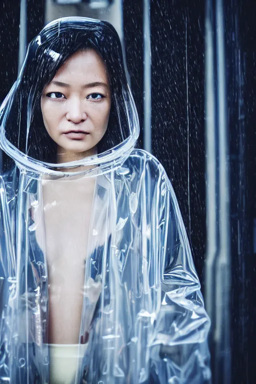 Prompt: Kodak Portra 400, 8K, highly detailed, zaha hadid style 3/4 extreme closeup portrait, clear eyes, focus on clear transparent raincoat girl model, tilt shift h.r giger style background: famous blade runner remake, tokyo izakaya scene