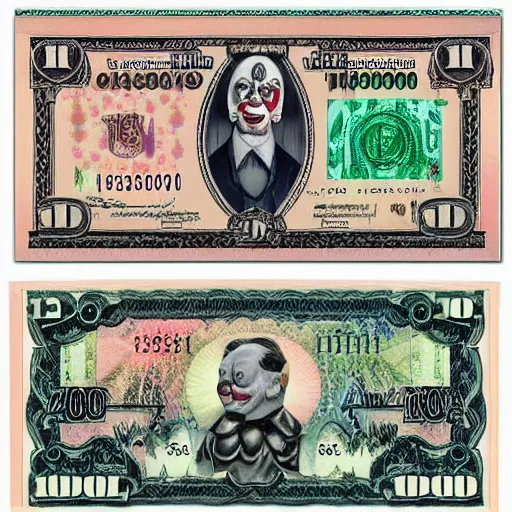 Image similar to The money of clowns banknote, photo realistic, highly-detailed, award-winning