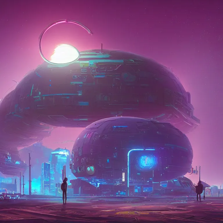 Prompt: a circle portal structure floating in space, cyberpunk, epic surrealism, indigo, purple, cyan, detailed digital matte painting in the style of simon stalenhag and painting by ralph mcquarrie