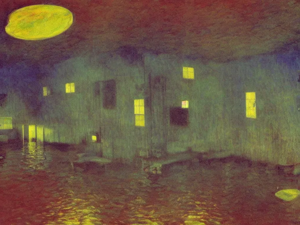 Image similar to interior of a flooded old house. aurora borealis. iridescent, psychedelic colors. painting by hammershoi, monet, georges de la tour, mark rothko, agnes pelton, hockney