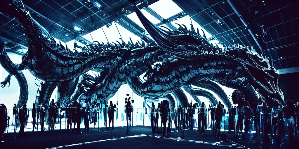 Image similar to star base, walking down the catwalk, stage, vogue photo, podium, fashion show photo, iris van herpen, inflateble shapes, masterpiece, guyver, giger, biomechanical details, denis villeneuve, legendary dragon, movie still, cinestill, bokeh, artstation