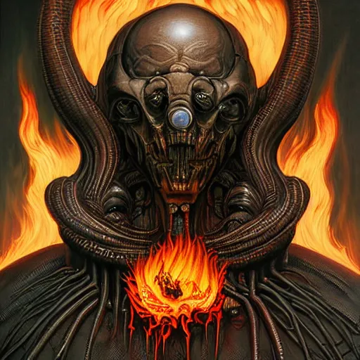 Image similar to giger doom demon portrait, fire and flame , Pixar style, by Tristan Eaton Stanley Artgerm and Tom Bagshaw.